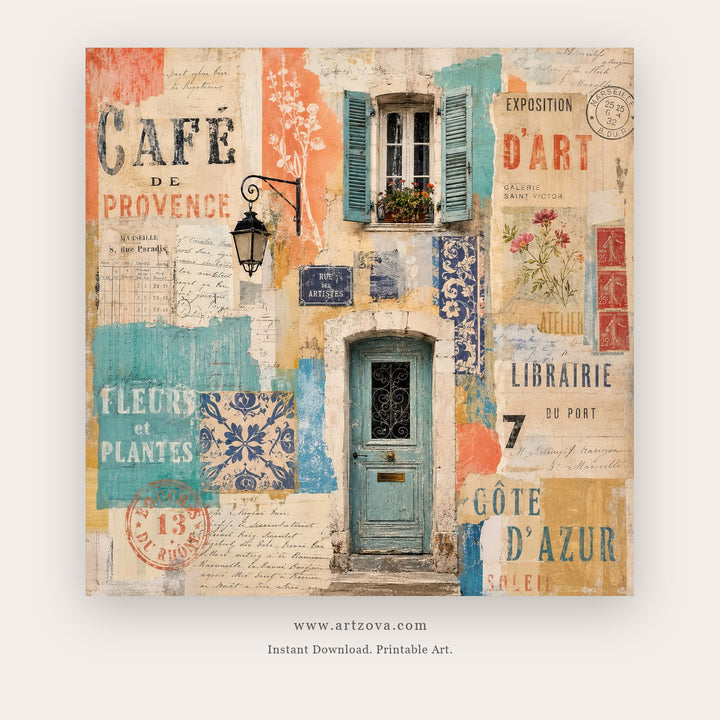 Provençal Blue Door – european theme art printable in Peach and Turquoise