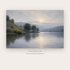 Sunlit Lake Stillness – landscape wall art printable in Gray and Sky Blue