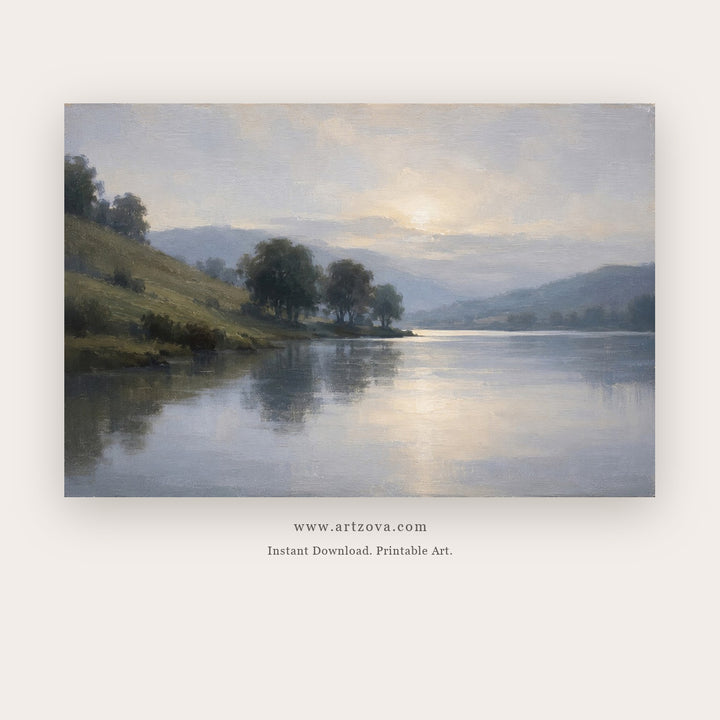 Sunlit Lake Stillness – landscape wall art printable in Gray and Sky Blue