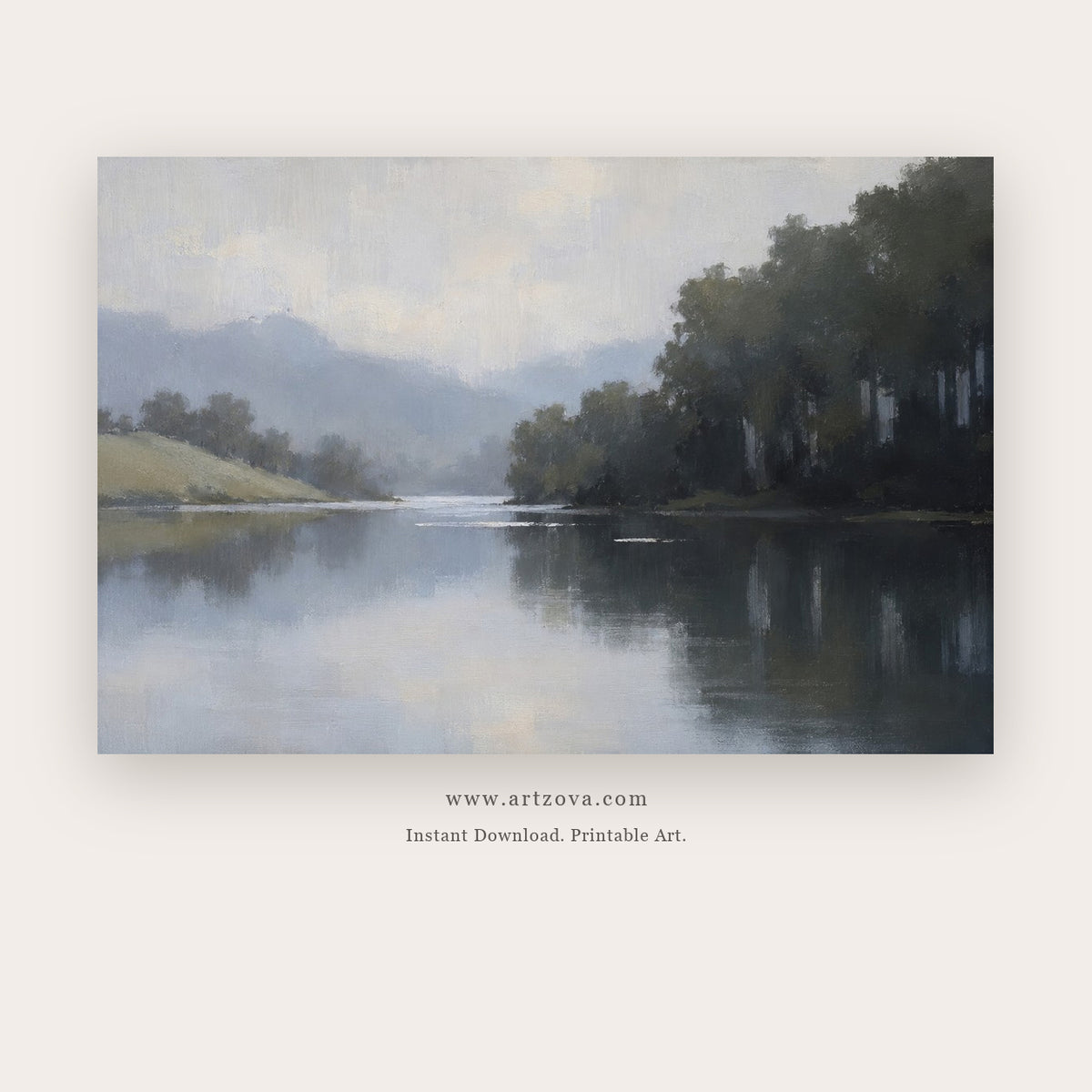 Mist Over Quiet Lake – landscape wall art printable in Gray and Charcoal
