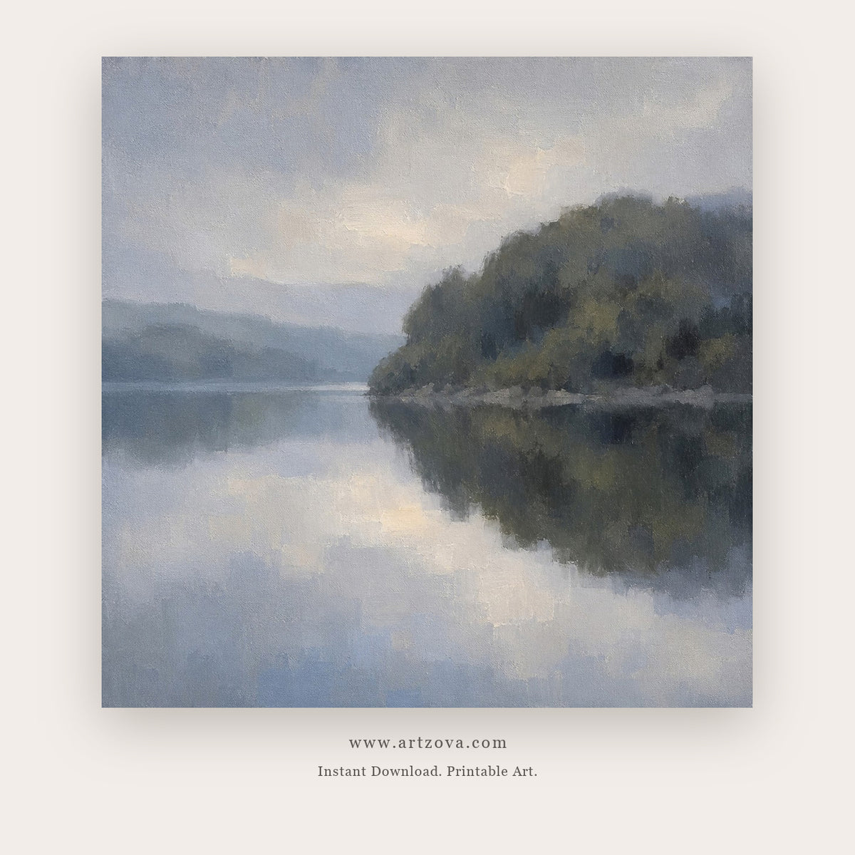 Forest Lake Reflection – landscape wall art printable in Gray and Charcoal