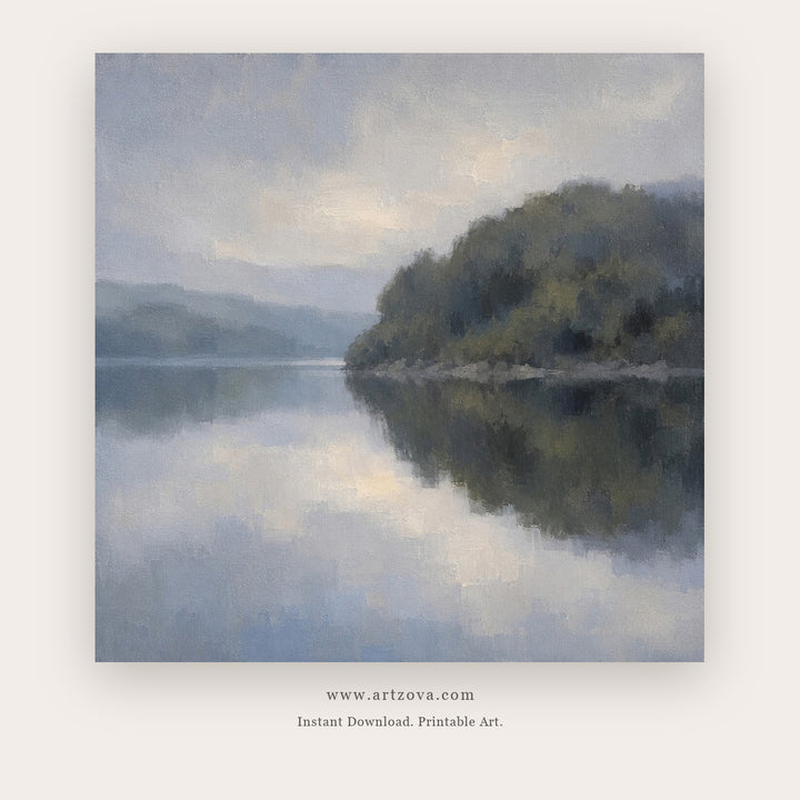 Forest Lake Reflection – landscape wall art printable in Gray and Charcoal