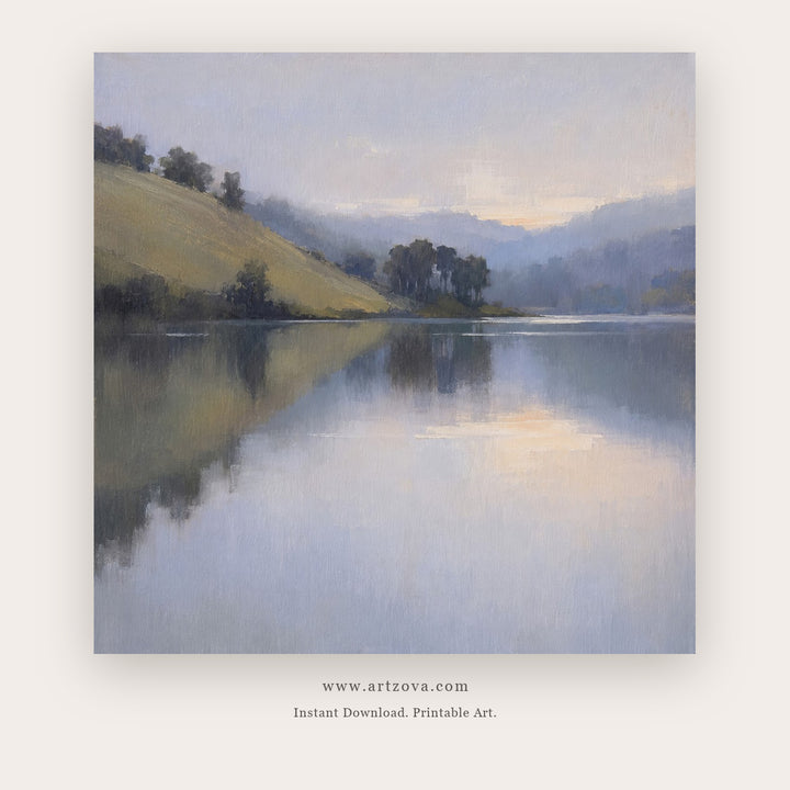 Pastoral Lake Morning – landscape wall art printable in Gray and Sky Blue