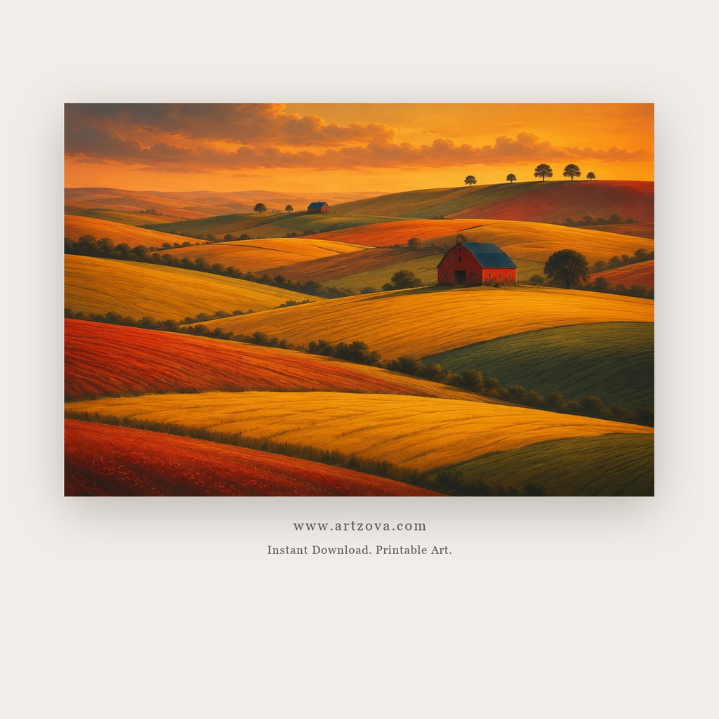 Autumn Fields at Sunset – landscape wall art printable in Orange and Brown