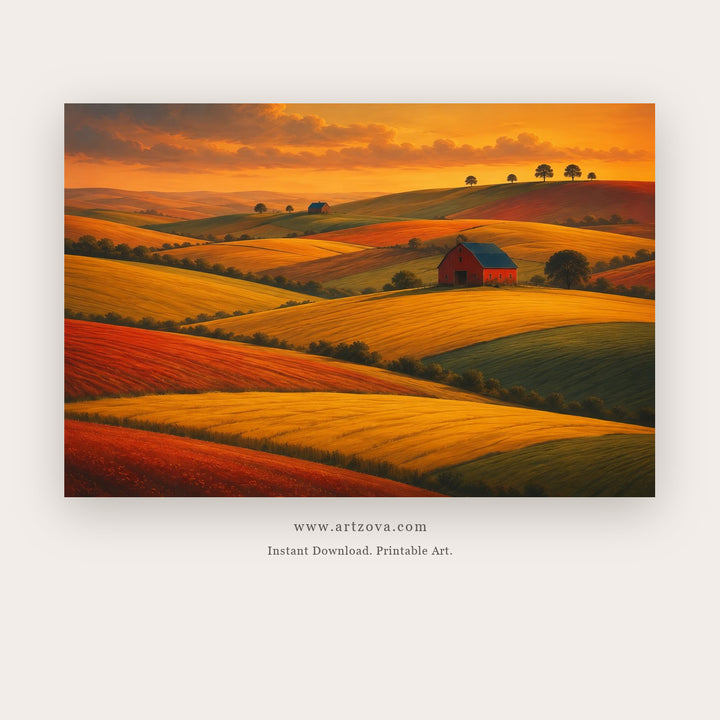 Autumn Fields at Sunset – landscape wall art printable in Orange and Brown
