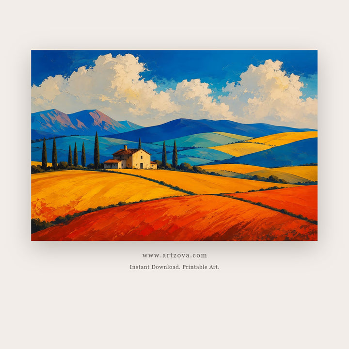 Colourblock Tuscan Fields – landscape wall art printable in Orange and Blue