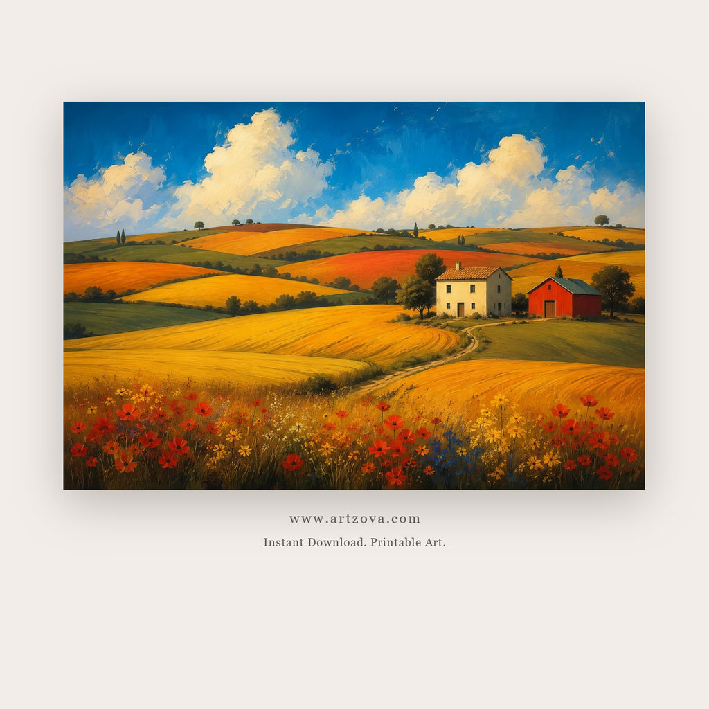 Little House Under Golden Sky – landscape wall art printable in Orange and Red