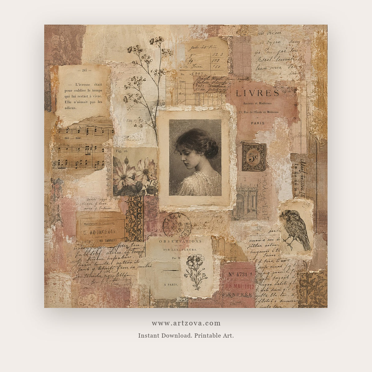 Archive Portrait Collage – figurative wall art printable in Tan and Brown