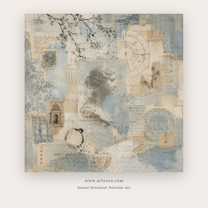 Blue Cartography Collage – abstract wall art printable in Beige and Sky Blue