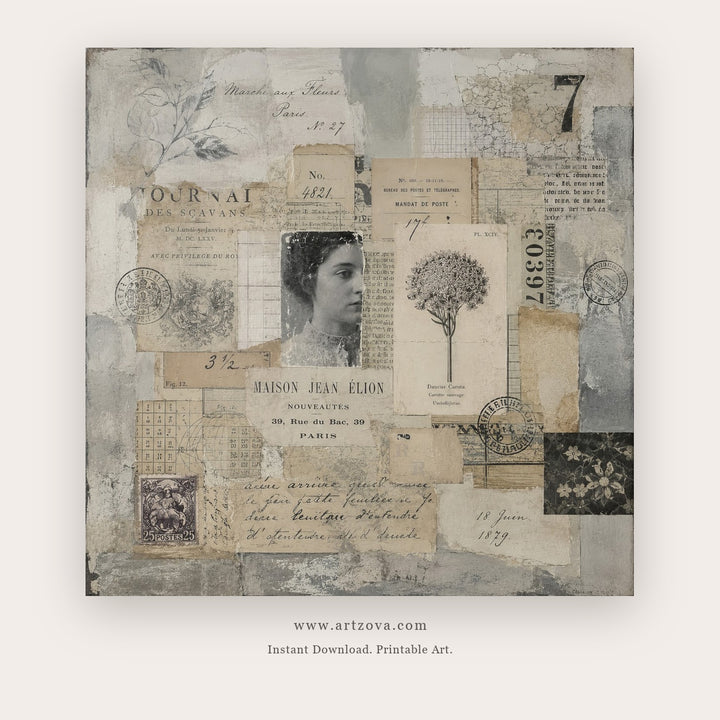 Faded Faces Collage – figurative wall art printable in Gray and Tan