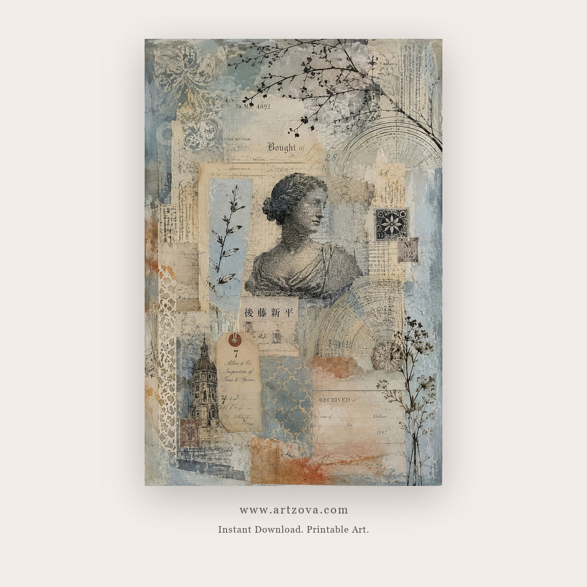 Blue Journal Portrait – figurative wall art printable in Beige and Blue