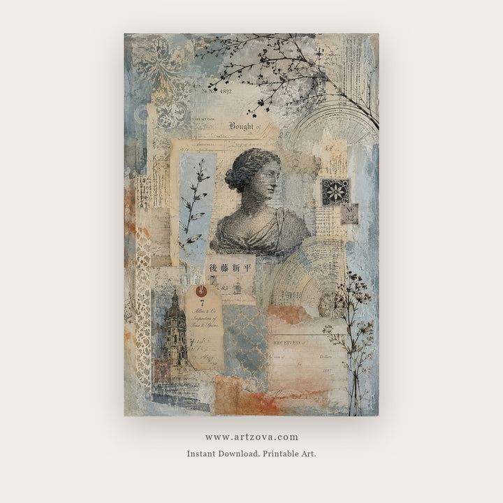 Blue Journal Portrait – figurative wall art printable in Beige and Blue