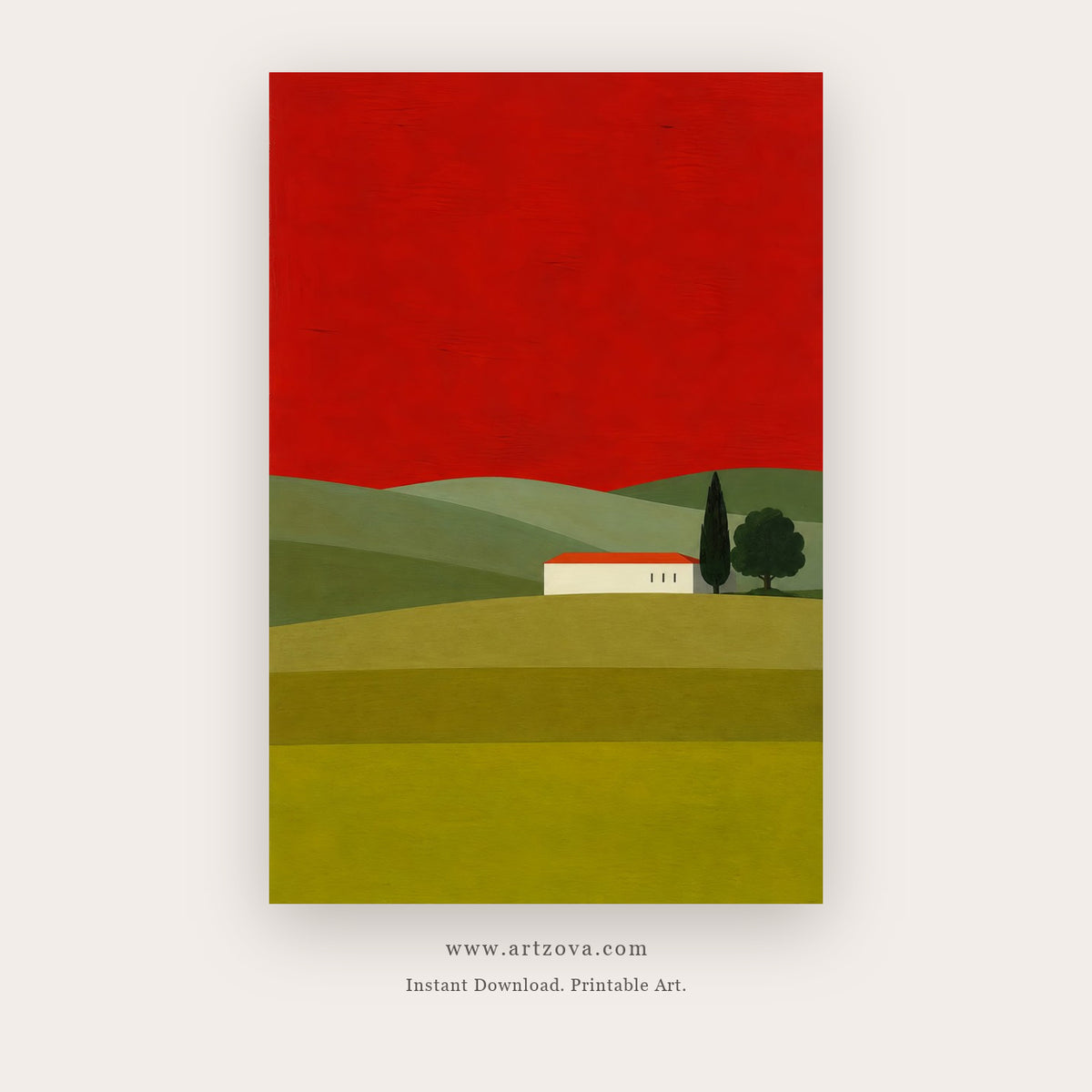 Crimson Sky Farm – landscape wall art printable in Red and Green