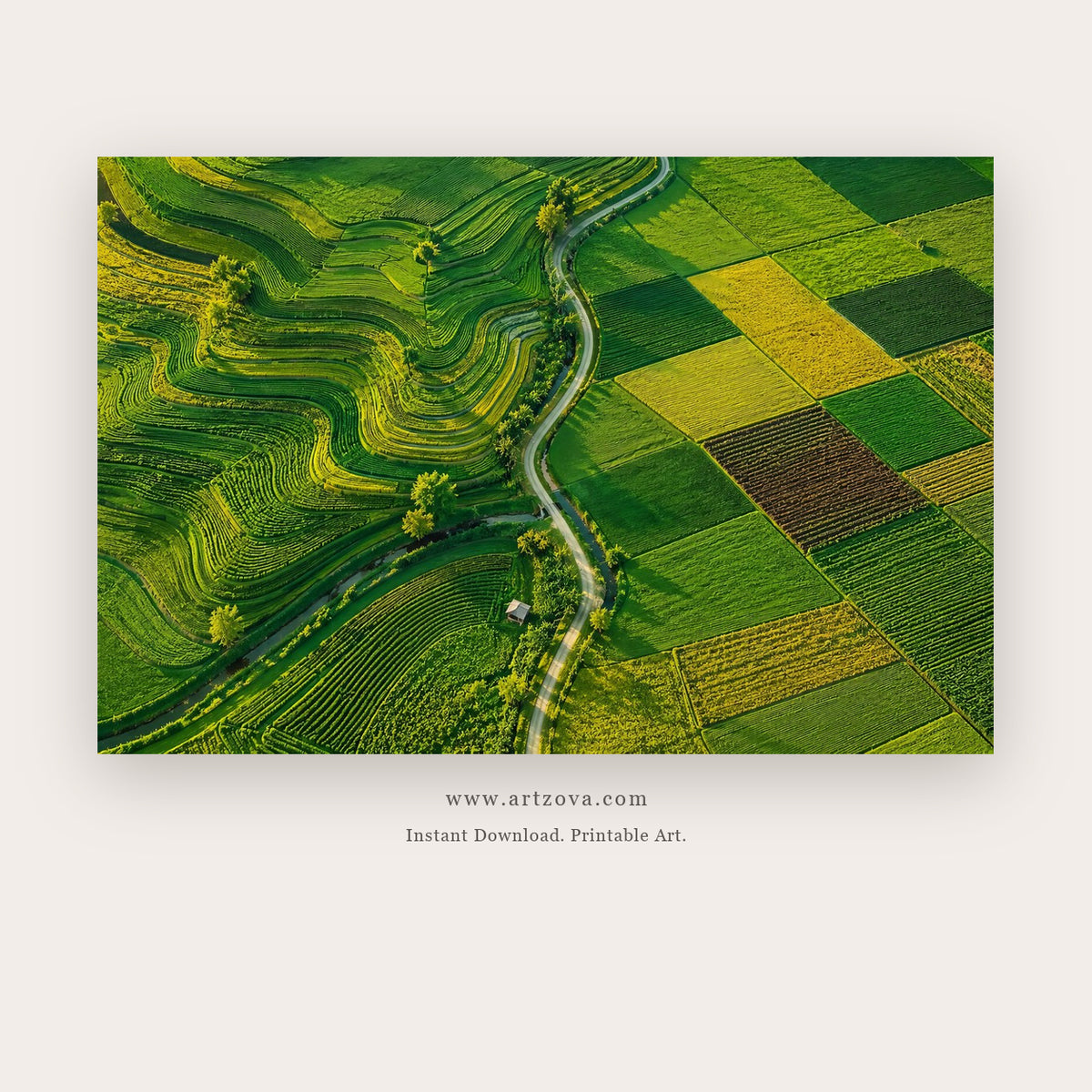 River Through Green Fields – landscape wall art printable in Green and Olive Green