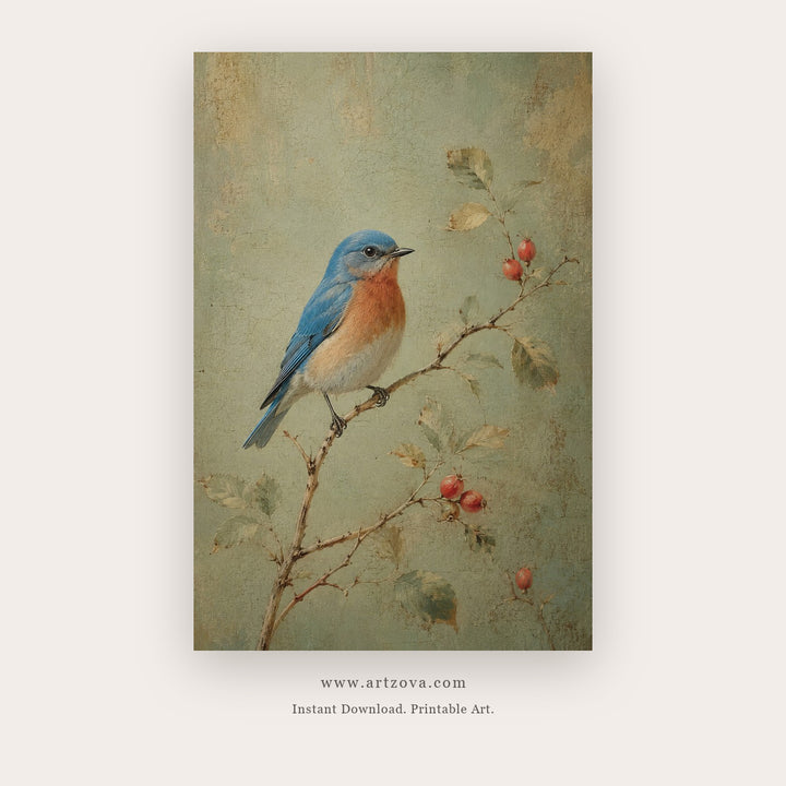 Bluebird on Blossoming Branch – bird wall art printable in Sky Blue and Sage Green