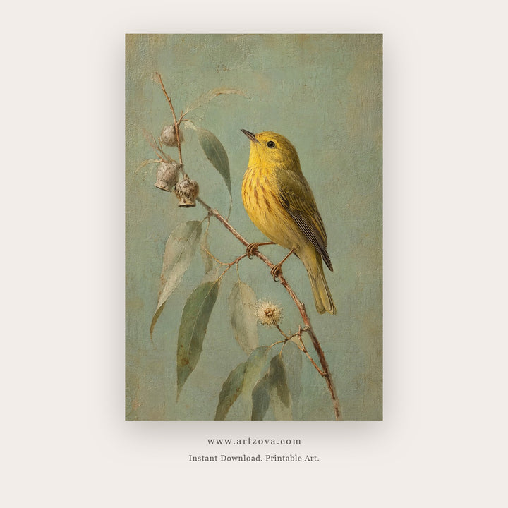 Golden Songbird – bird wall art printable in Yellow and Sage Green