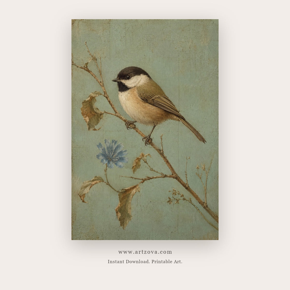 Chickadee on Winter Branch – bird wall art printable in Brown and Sage Green
