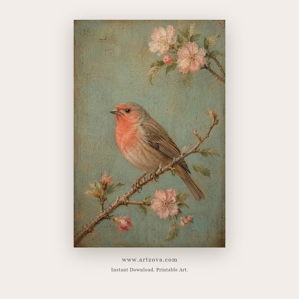 Rose Finch in Blossom – bird wall art printable in Pink and Sage Green