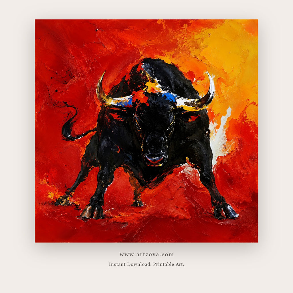Charging Bull in Fire – figurative wall art printable in Red and Black