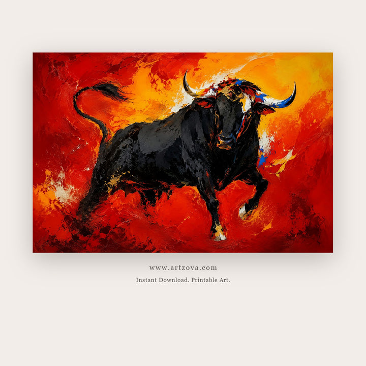 Power in Motion Bull – figurative wall art printable in Red and Black