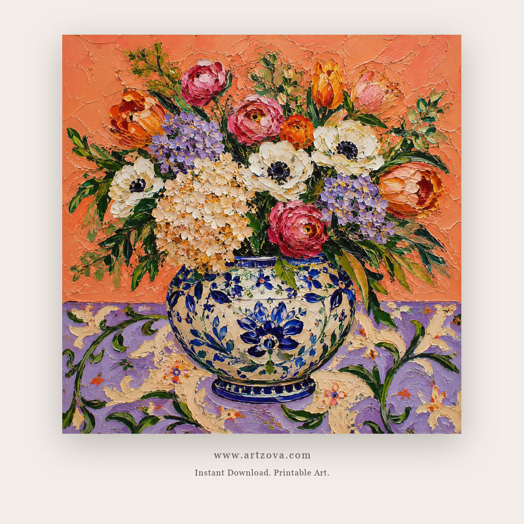Chinoiserie Garden Bouquet – still life art printable in Coral and Navy Blue