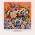 Chinoiserie Garden Bouquet – still life art printable in Coral and Navy Blue