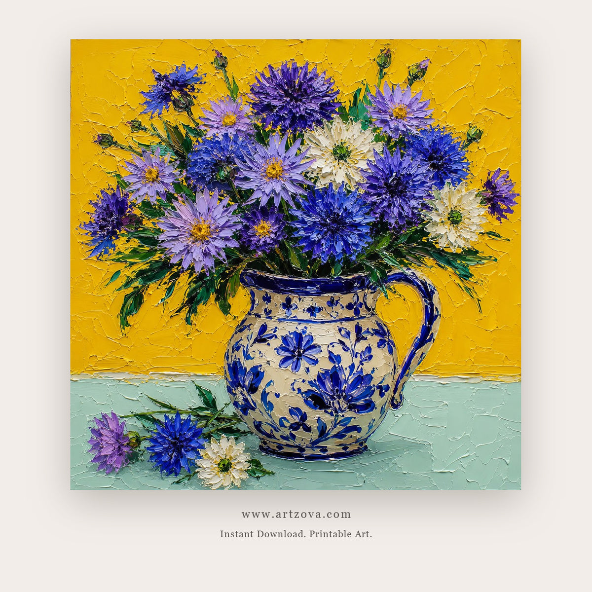 Cobalt Daisies in Blue Vase – still life art printable in Blue and Yellow
