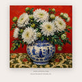 White Chrysanthemums in Blue Vase – still life art printable in White and Red