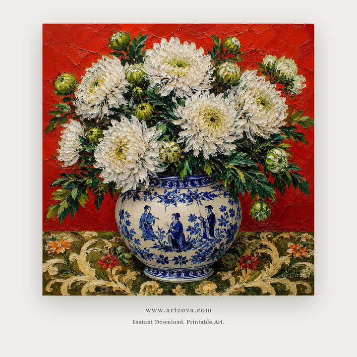 White Chrysanthemums in Blue Vase – still life art printable in White and Red