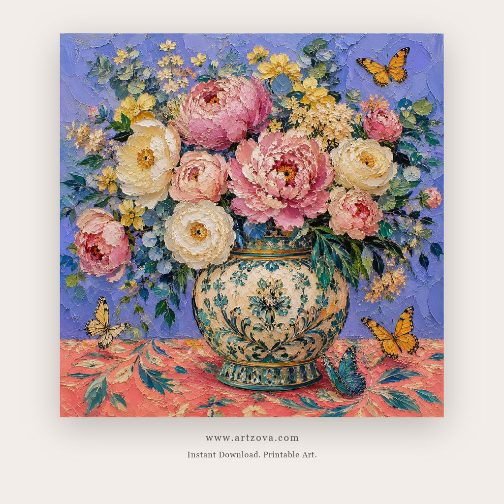 Pastel Peonies in Porcelain Vase – still life art printable in Pink and Blue