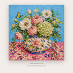 Roses and Butterflies in Blue Vase – still life art printable in Pink and Sky Blue
