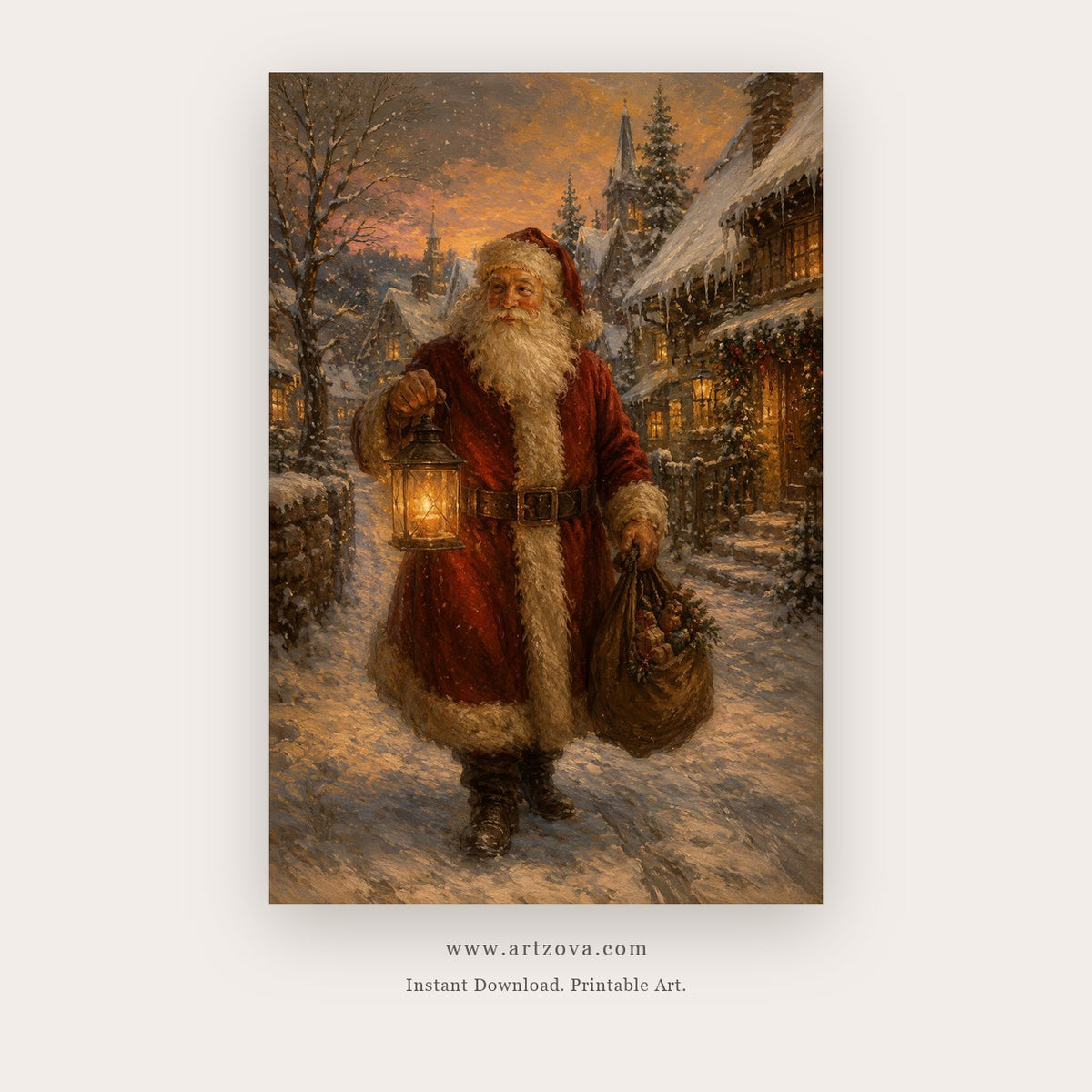 Santa by the Lantern – christmas wall art printable in Brown and Gold