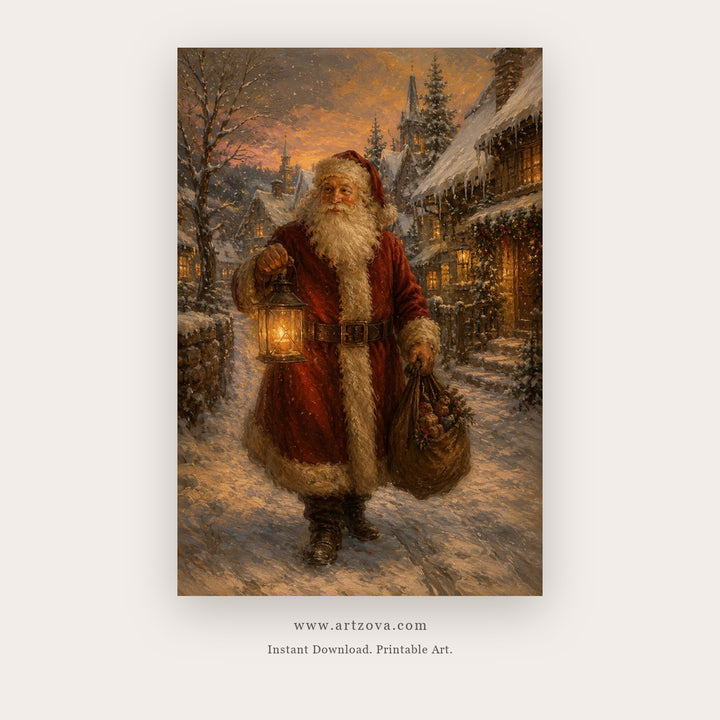 Santa by the Lantern – christmas wall art printable in Brown and Gold