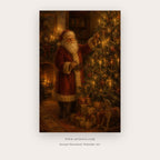Santa Lights the Tree – christmas wall art printable in Red and Gold