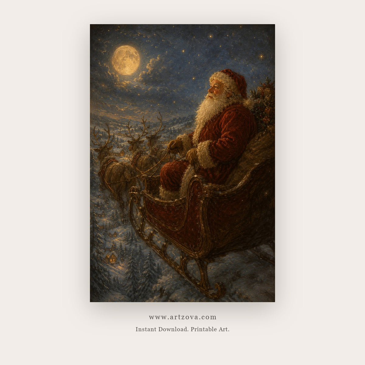 Santa's Moonlit Sleigh – christmas wall art printable in Navy Blue and Gold