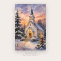 Snowy Village Chapel – christmas wall art printable in Sky Blue and White