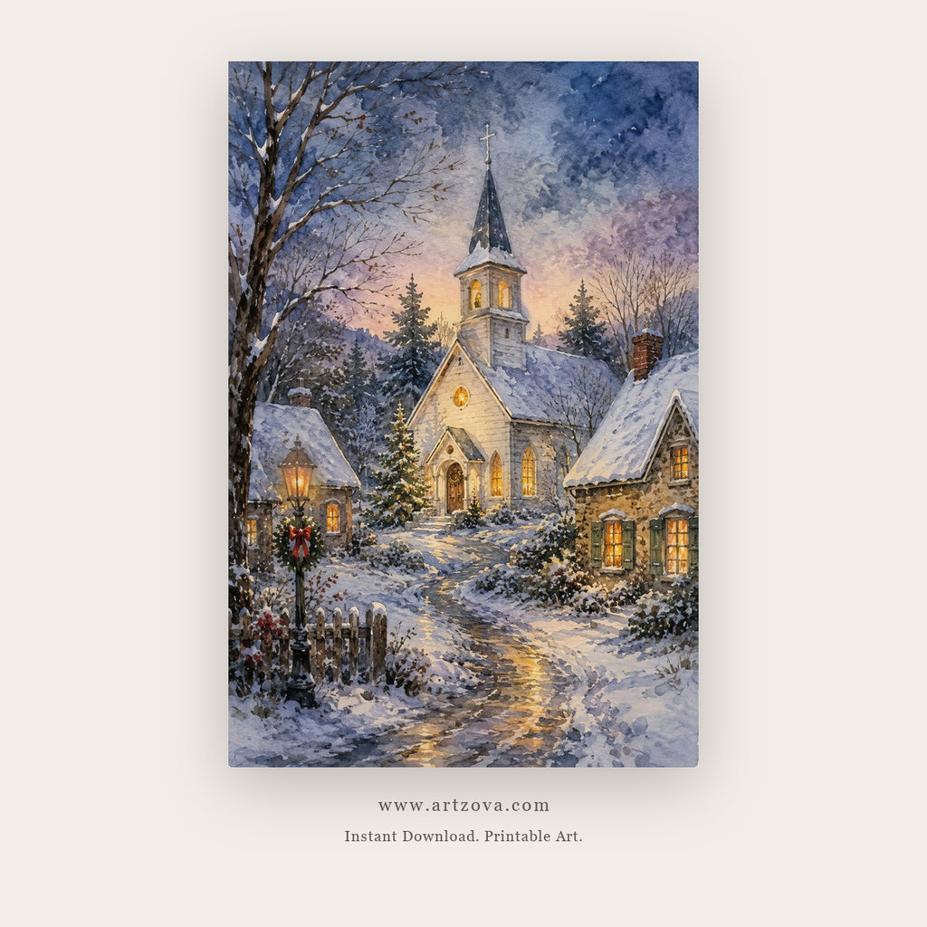 Snowy Village Church – christmas wall art printable in Navy Blue and White