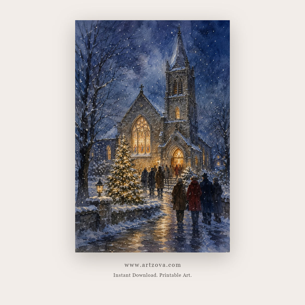 Christmas Eve Church – christmas wall art printable in Navy Blue and Gold
