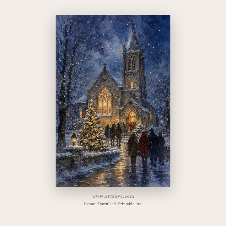 Christmas Eve Church – christmas wall art printable in Navy Blue and Gold
