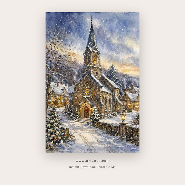 Winter Chapel at Dawn – christmas wall art printable in Sky Blue and White