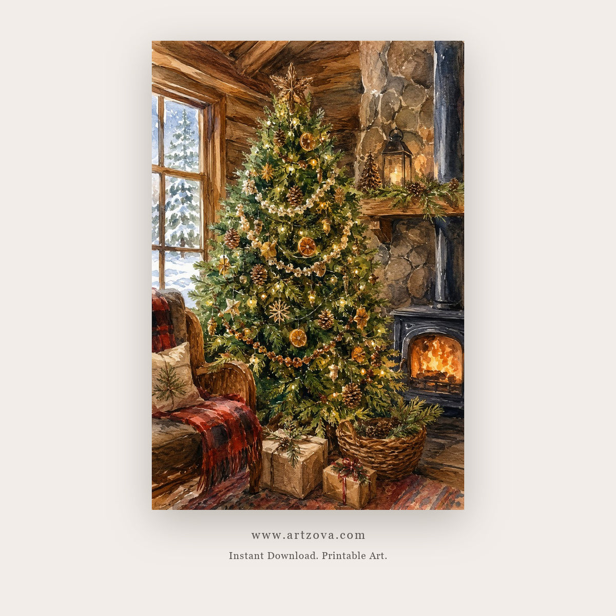 Grand Library Christmas Tree – christmas wall art printable in Green and Brown