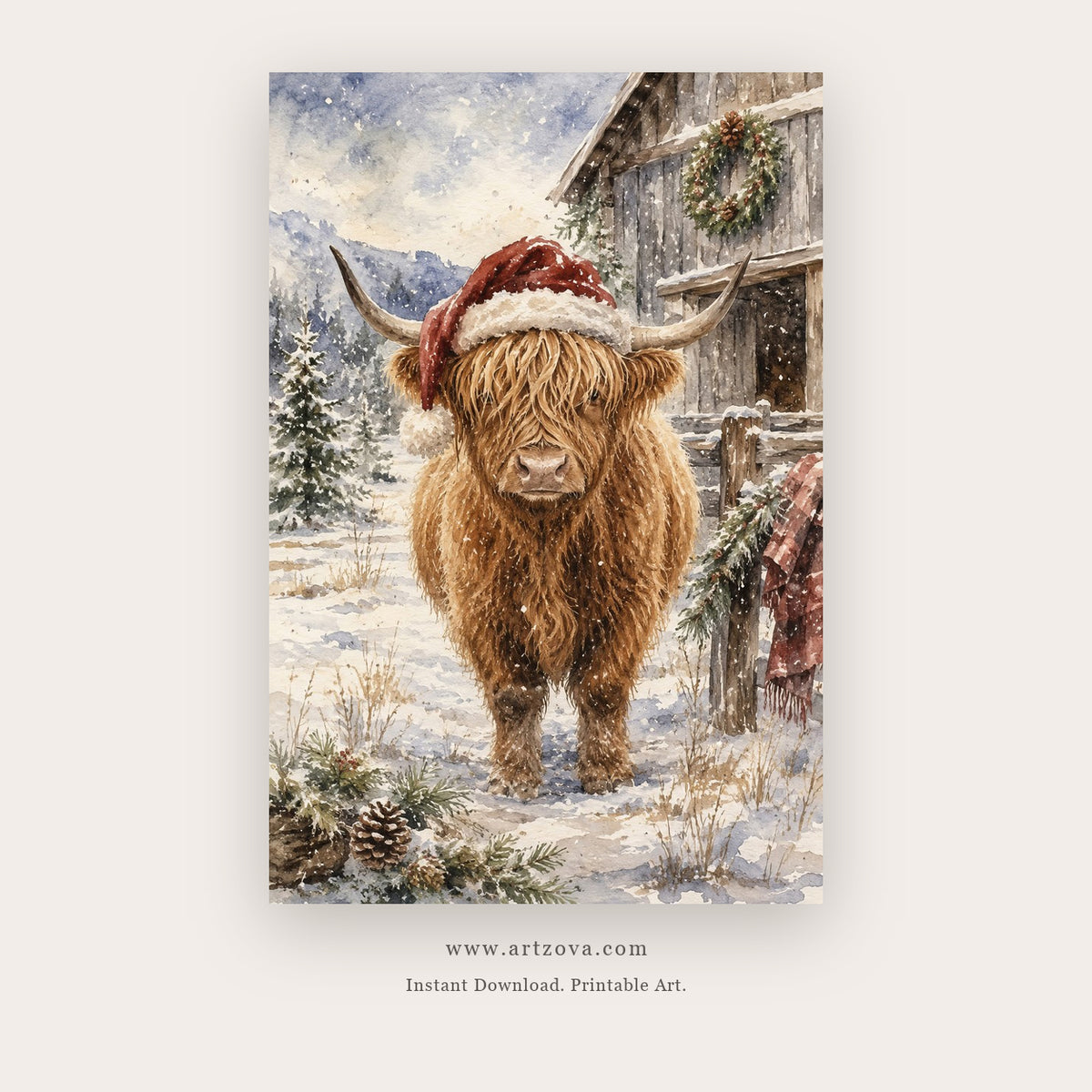 Highland Cow at Christmas – christmas wall art printable in Brown and White
