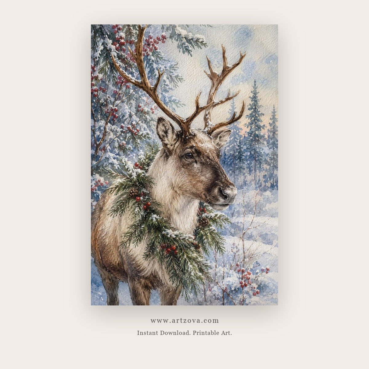 Reindeer in Winter Wreath – christmas wall art printable in Brown and Gray