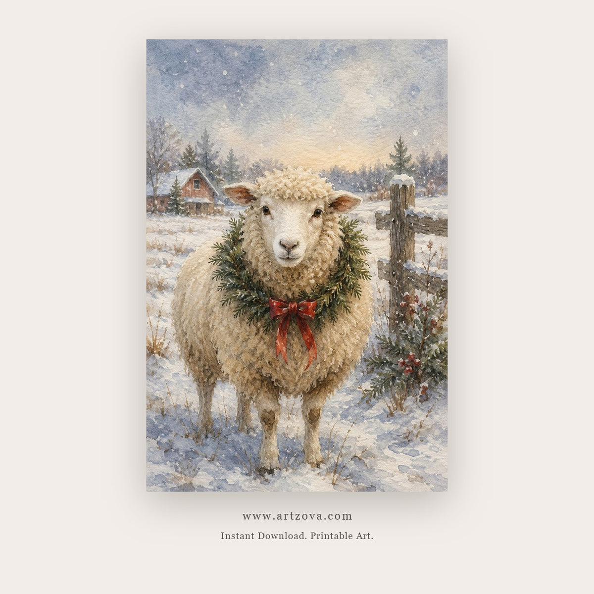 Christmas Lamb in Snow – christmas wall art printable in White and Gray