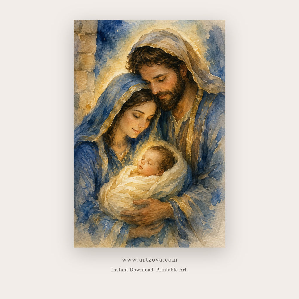 Holy Family in Blue – christmas wall art printable in Navy Blue and Gold