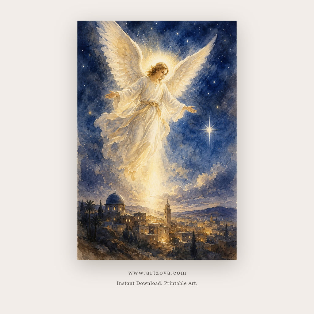 Angel of Bethlehem – christmas wall art printable in White and Navy Blue
