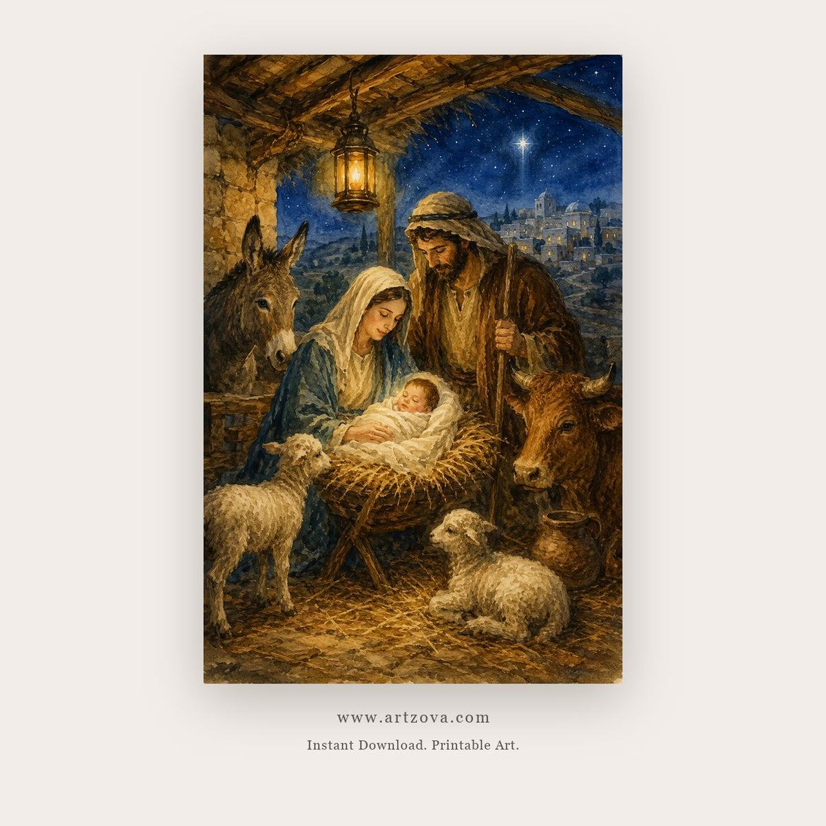 Nativity by Starlight – christmas wall art printable in Navy Blue and Gold