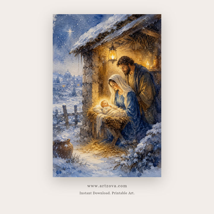 Snowy Stable Nativity – christmas wall art printable in Brown and Blue