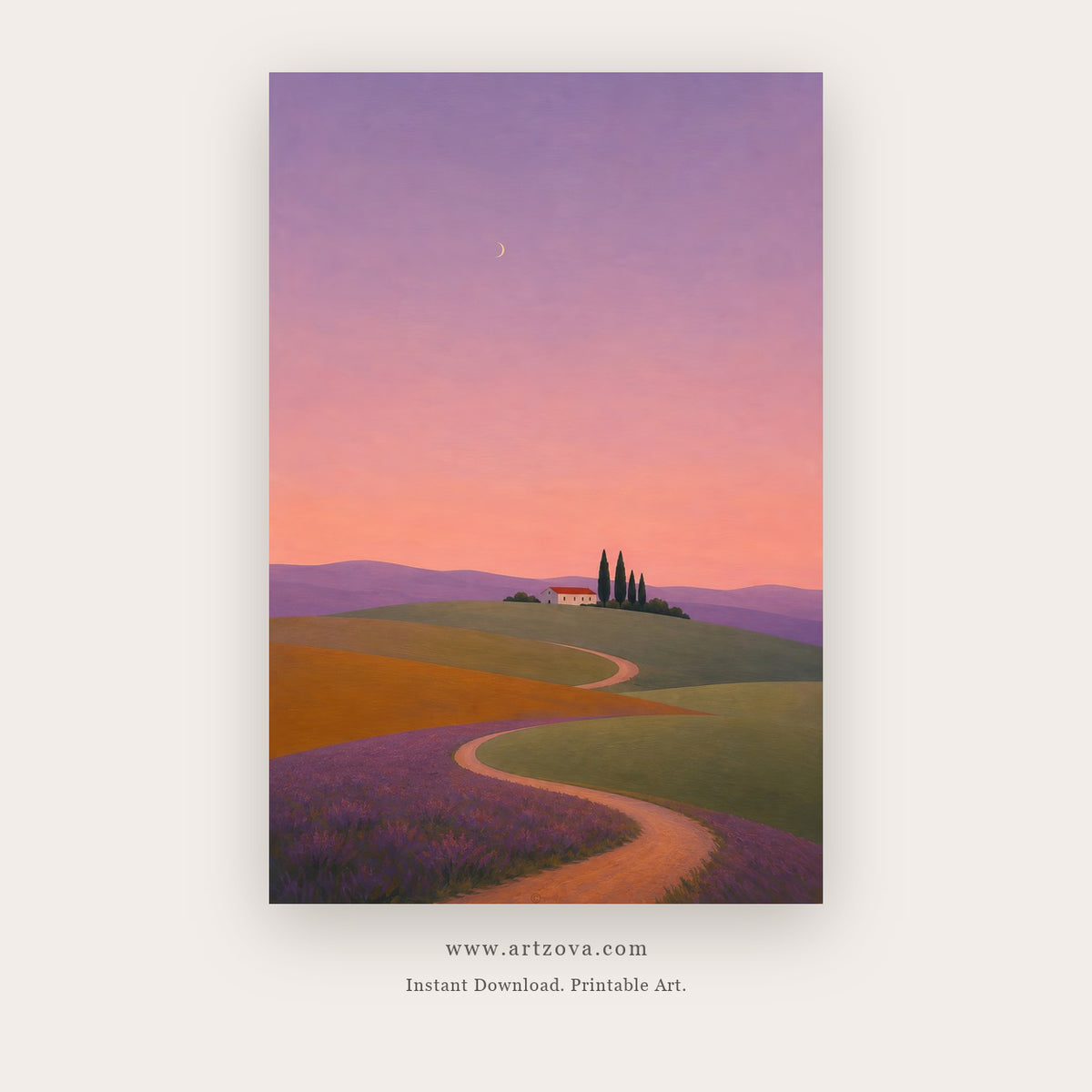 Rose Road at Twilight – landscape wall art printable in Purple and Peach