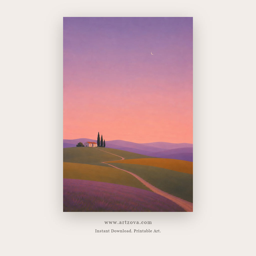 Quiet Road at Sunset – landscape wall art printable in Purple and Peach